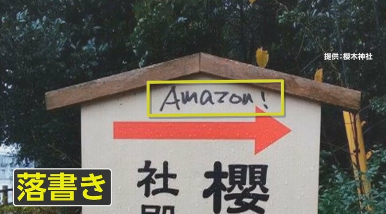 油性ペンで「Amazon！」防犯カメラが捉えた落書きの瞬間　20カ所以上の意味不明な文言に神社困惑