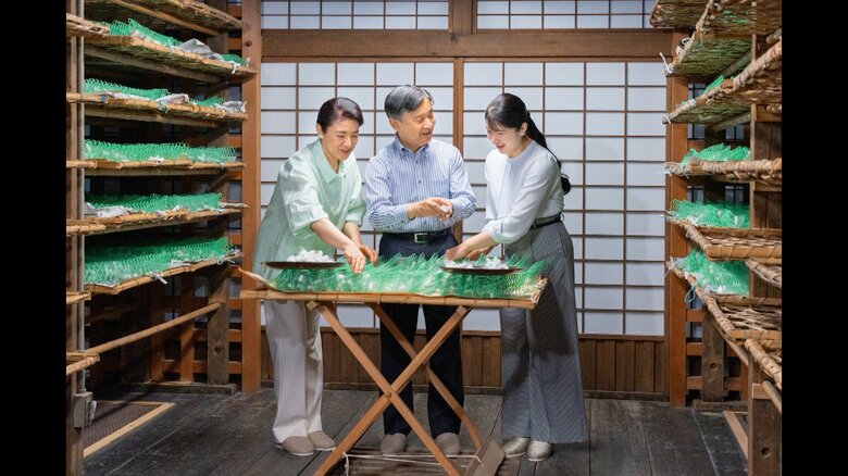 一家そろって、御養蚕に臨まれる両陛下、愛子さま 5月30日 皇居・紅葉山御養蚕所(宮内庁提供)