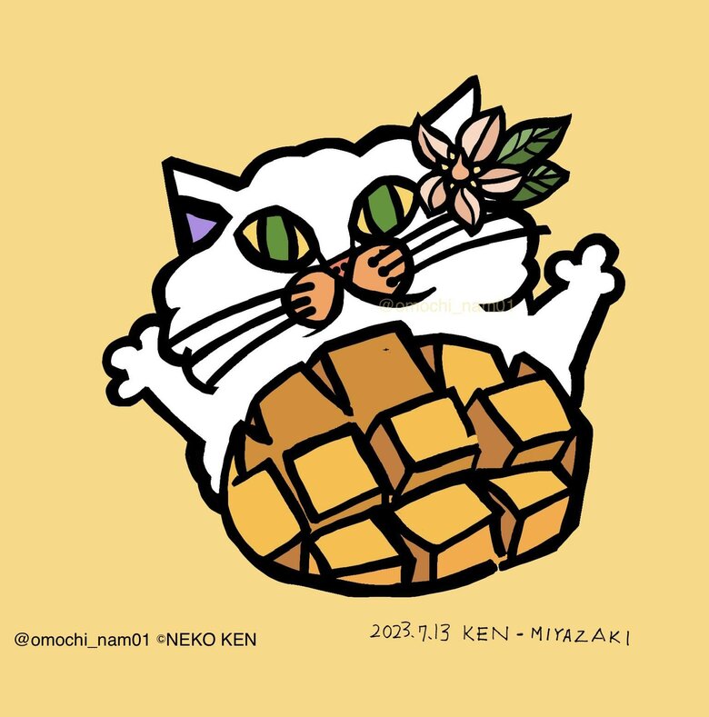 花飾りにも南国感が漂う宮崎県のマンゴーネコ（提供：なみそさん）