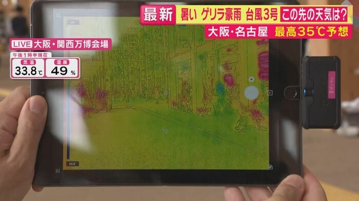 大屋根リングの下のサーモカメラの様子(関西テレビ「旬感LIVEとれたてっ!」より)