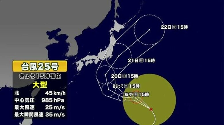 【台風情報】台風25号は21日に関東接近か　東京も21日に大荒れの恐れ　今後の進路予想と連休各地の気象情報　｜FNNプライムオンライン
