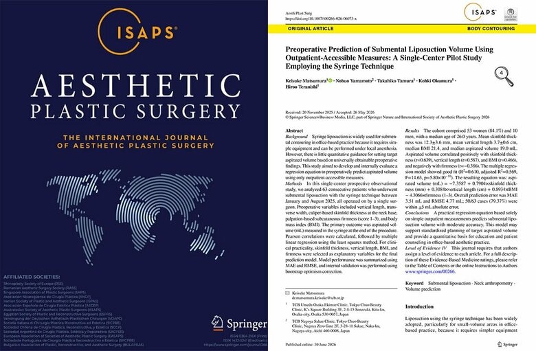 TCB松村圭祐医師・山本展生医師らの顎下脂肪吸引に関する研究が「Aesthetic Plastic Surgery」に掲載。「吸引量」を事前に予測するモデルを構築。
