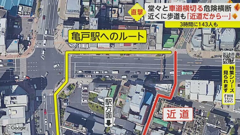 駅に向かうには約80m先の信号を渡らなければならないが、道路を横断すると約3分近道になるという