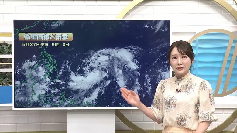（衛星画像を解説する古山圭子気象予報士）