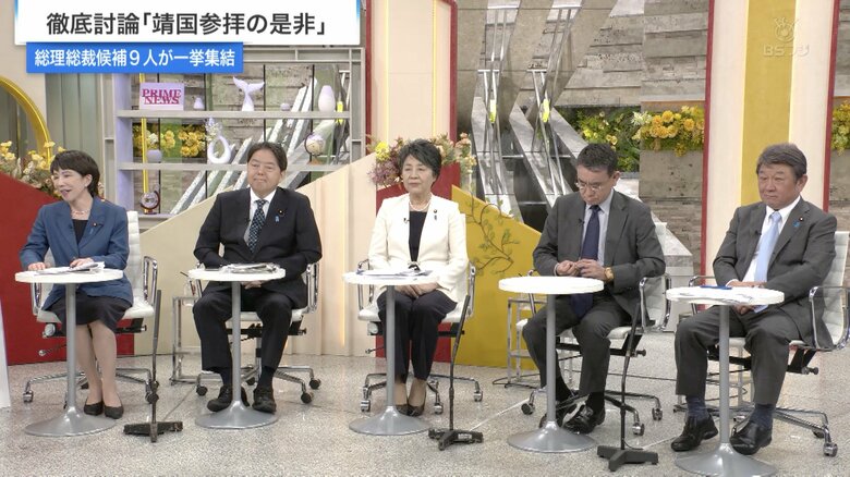 （左から）高市早苗経済安保相、林芳正官房長官、上川陽子外相、河野太郎デジタル相、茂木敏充自民党幹事長