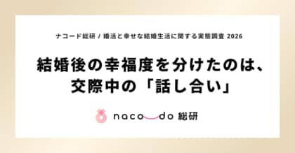 交際中に話し合えたテーマが0個だった人、結婚後の幸福実感率は50.0%。8～9個話し合えた人は97.3%。ナコード総研、「婚活と幸せな結婚生活に関する実態調査 2026」第2部発表