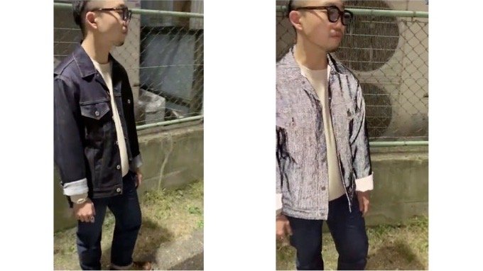 一見普通のデニム（左）だが、光を当てると反射（右）する。（提供：丸仁）