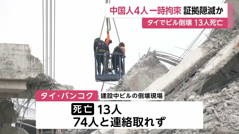 一時拘束された従業員らの企業が請け負っていた、ビルの工事現場。倒壊し、多くの死者・安否不明者が出ている（タイ・バンコク）