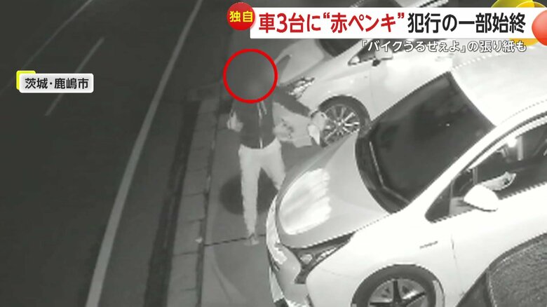 車の方へ近づくと、止めてあった車に次々とペンキをかける怪しい人物