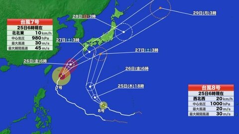 【台風情報】ダブル台風　最新の進路予想　台風7号は27日に西日本から東日本の太平洋側に接近するおそれ　梅雨前線は九州から東日本の太平洋沿岸にほぼ停滞する見通し　台風8号は27日には熱帯低気圧に