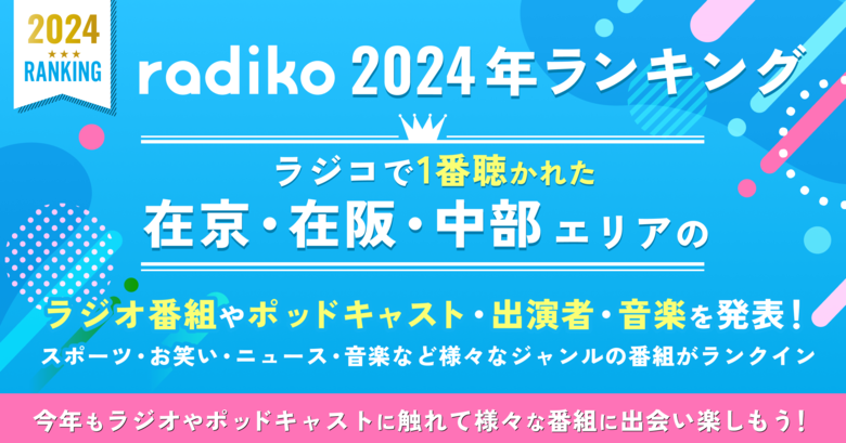 2024年ラジコで聴かれた在京在阪中部エリアのラジオ番組TOP10は?radikoが、ラジオ番組・ポッドキャスト・出演者・音楽を振り返る年間ランキングを発表!