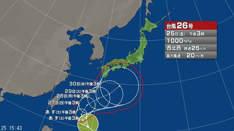【台風情報】台風26号の今後の進路予想は　本州の南岸を通過する予報も　台風の動きが遅いため、影響が長引く可能性｜FNNプライムオンライン