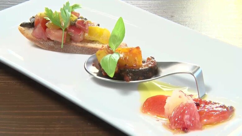 ディナーコースの地元食材を使った前菜3種