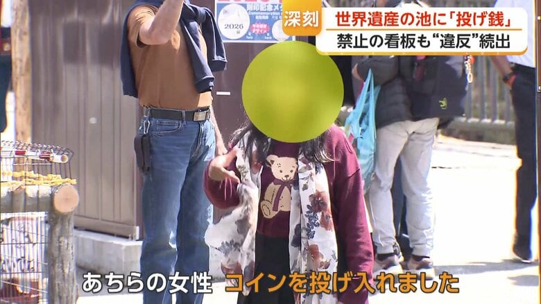 池にコインを投げ入れる女性