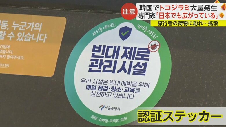 ソウル市内のホテル。トコジラミ対策を徹底していることを示すステッカーが貼られていた