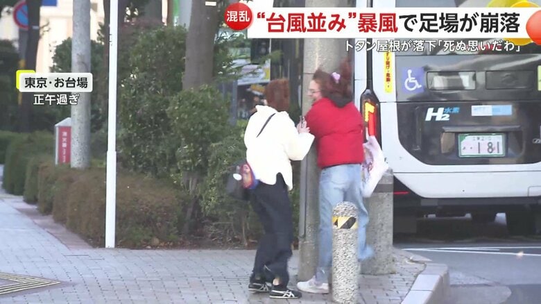 強風で電柱にしがみつく外国人の姿も（東京・お台場）