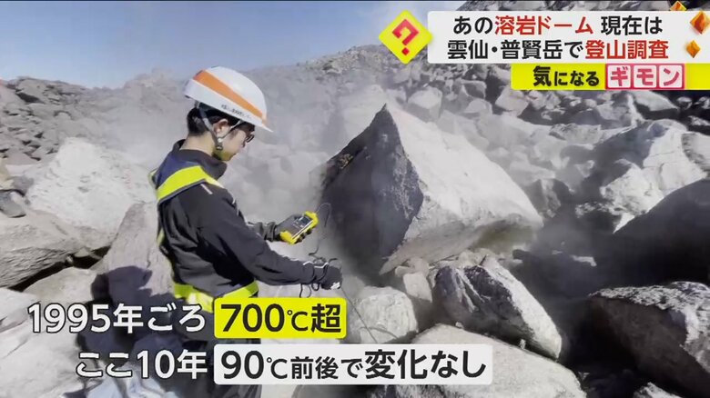 雲仙・普賢岳の山頂付近で蒸気が噴き出す中、温度測定をする九州大学の調査チーム