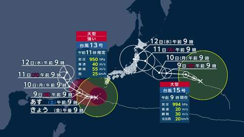ダブル台風に警戒　台風13号あすまで沖縄は暴風域　熊本の被災地も雨や強風に注意　台風15号は11日以降北日本に接近か