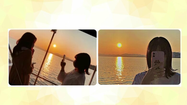 鏡に映る夕日をバックに撮影できる