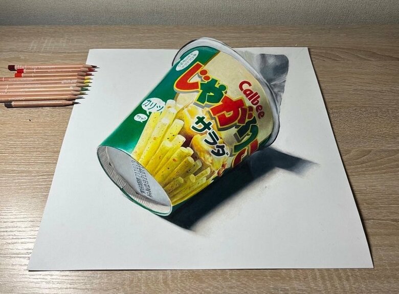「じゃがりこ　サラダ味」を色鉛筆で描いてみた