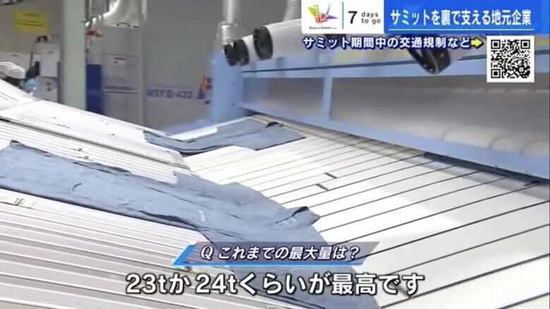 シーツのほか、寝間着も洗濯してプレス機へ