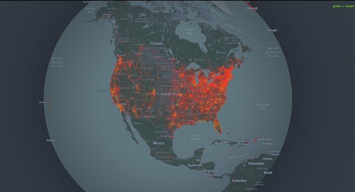 過去のUFO目撃情報をまとめた地図(全米UFO報告センターより)