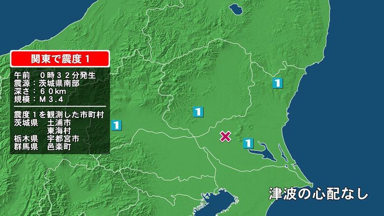 茨城県で最大震度1の地震　茨城県・東海村、土浦市、栃木県・宇都宮市、群馬県・邑楽町｜FNNプライムオンライン