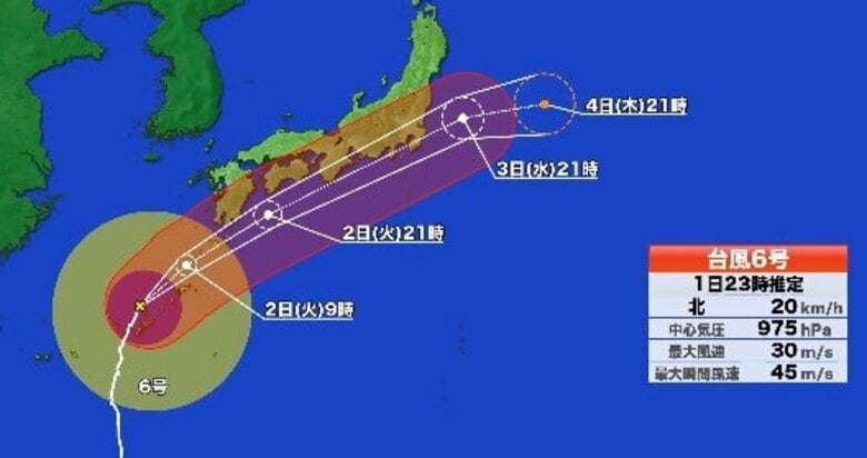 【台風情報】台風6号は暴風域を伴ったまま3日に本州接近　台風本体と前線の影響から断続的に猛烈な雨　発達した雨雲が中心から離れた北側や東側にあるため台風の中心から離れていても雨が強まるおそれも｜FNNプライムオンライン