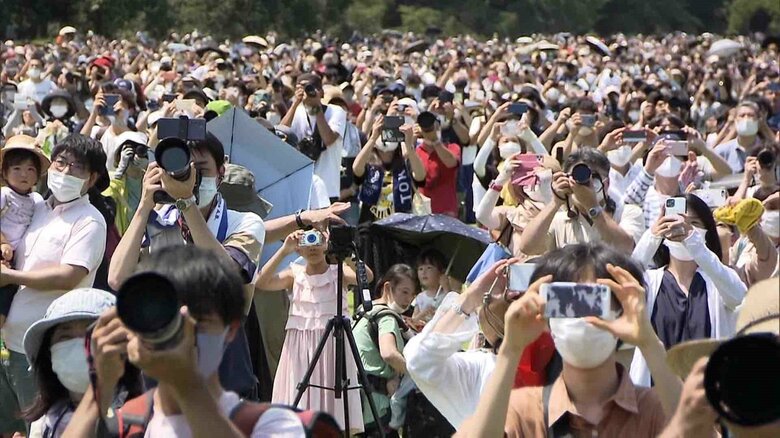 ブルーインパルスの飛行を撮影する人々(2021年７月2３日、都内）