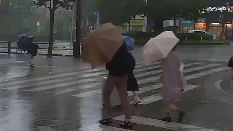 大田区蒲田では傘を横向きにして歩く人も