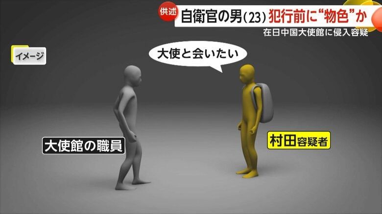 大使館に侵入した後、敷地内で大使館職員と遭遇した村田容疑者のイメージ