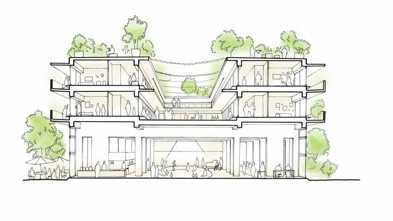 希望のまちは3階建ての複合型福祉施設だ（提供：手塚建築研究所）