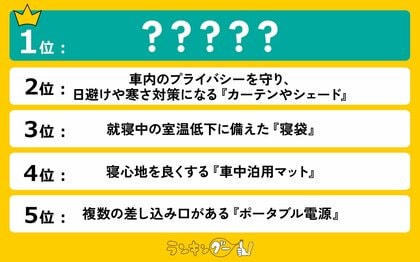 車中泊の旅!備えておくべき必需品ランキングを調査。1位は渋滞時にも役立つ、あると安心のアレ!