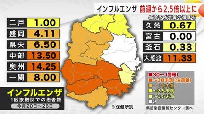 インフルエンザの流行が拡大　前週から2.5倍以上に　感染予防対策の徹底を　岩手県