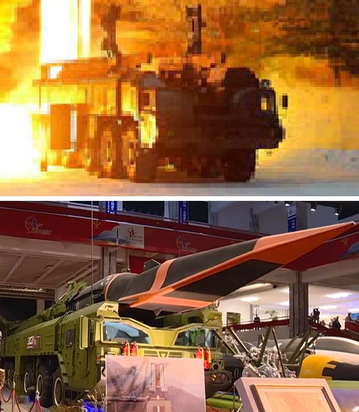 1月5日に発射されたミサイルの移動式発射機(上)(労働新聞・2022年1月6日)「火星8型極超音速ミサイル」の移動式発射機(下)(朝鮮中央テレビ・2021年10月11日)