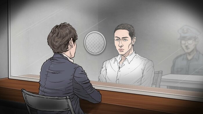 最初素っ気なかった須江拓貴被告(イラスト:石井克昌)