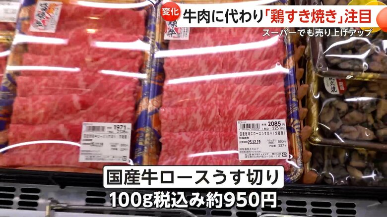 すき焼き用の国産牛ロースうす切りが100ｇで税込み約950円（埼玉・川口市のスーパー「コモディイイダ東川口店」）