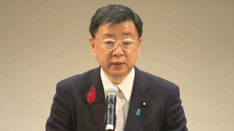 「拉致問題の早期解決を願う　国民のつどい　in米子」で挨拶する松野長官