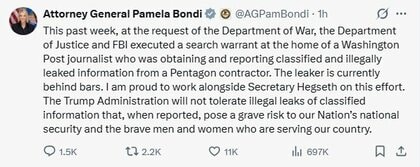 「違法に漏えいされた情報を入手・報道」　ワシントンポスト紙の記者を家宅捜索・収監