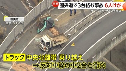 トラックが中央分離帯を乗り越え反対車線の車2台と衝突　圏央道のカーブ曲がり切れず衝突…6人がけが　東京・八王子市