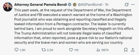 「違法に漏えいされた情報を入手・報道」　ワシントンポスト紙の記者を家宅捜索・収監