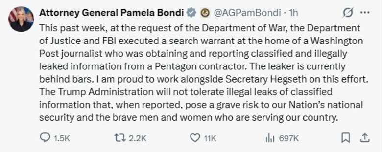 「違法に漏えいされた情報を入手・報道」　ワシントンポスト紙の記者を家宅捜索・収監｜FNNプライムオンライン