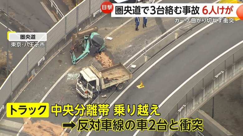 トラックが中央分離帯を乗り越え反対車線の車2台と衝突　圏央道のカーブ曲がり切れず衝突…6人がけが　東京・八王子市｜FNNプライムオンライン