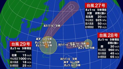 【台風情報】台風27号・28号・29号「トリプル台風」が発生、予想進路図は　台風28号はハリケーンから台風に 3年ぶりの「越境台風」、越境時の勢力としては“過去最強クラス”