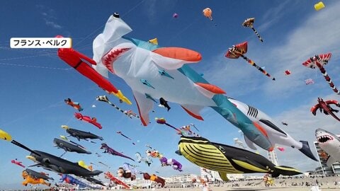 サメや人気アニメのキャラクターも大空へ…絶景の国際たこあげ祭り　世界各国から集結　フランス