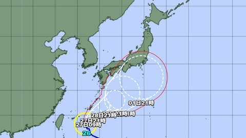 【台風情報】台風26号の進路予想　26日午後9時には沖縄の南、中心気圧990ヘクトパスカル　27日午後9時には強い勢力に発達し、那覇市の南東約130キロに達する予想