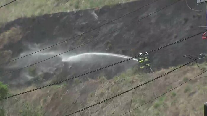 山の斜面で懸命の消火活動する消防隊員（4月27日午後2時ごろ）
