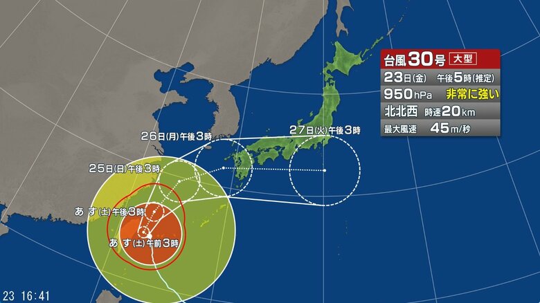 【台風情報】台風30号の進路予想は　24日にかけ「非常に強い勢力」で先島諸島にかなり接近する見込み　その後、進路を次第に東へ…26日頃に九州に接近する予想｜FNNプライムオンライン