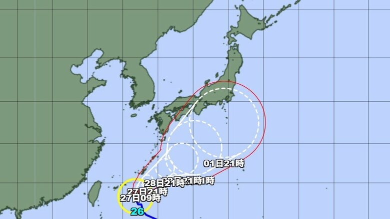 【台風情報】台風26号の進路予想　26日午後9時には沖縄の南、中心気圧990ヘクトパスカル　27日午後9時には強い勢力に発達し、那覇市の南東約130キロに達する予想｜FNNプライムオンライン