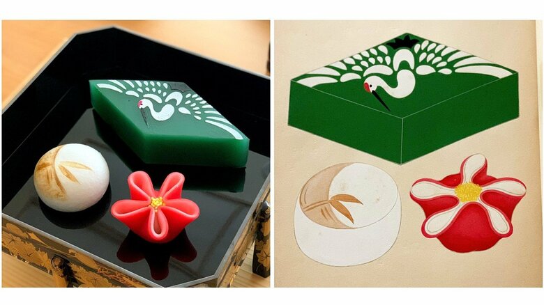 220周年祭で見本帳から再現した盛り菓子。上から時計回りにようかん、ういろう、上用まんじゅう